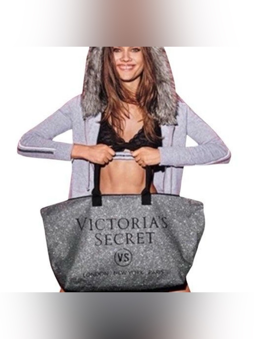 Victoria's Secret Silver Glitter Tote Bag with Black Straps